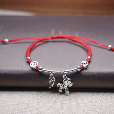 Sterling Silver WIND HORSE Red Rope Bracelet